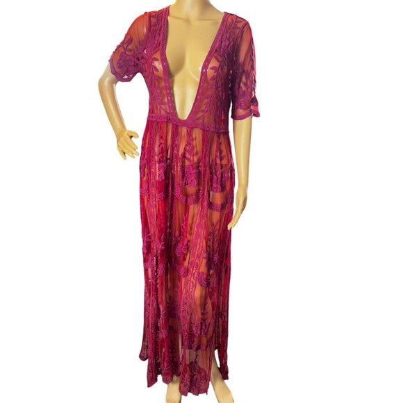 Sheer Floral Mesh Maxi Dress/Overlay with Plunge Neckline Fairy Castlecore - Picture 1 of 11